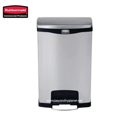 Rubbermaid commercial plastic trash can with foot pedal, sleek design for hygienic waste disposal.