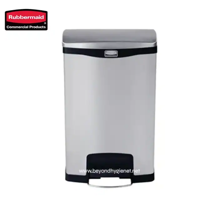Rubbermaid commercial plastic trash can with foot pedal, sleek design for hygienic waste disposal.