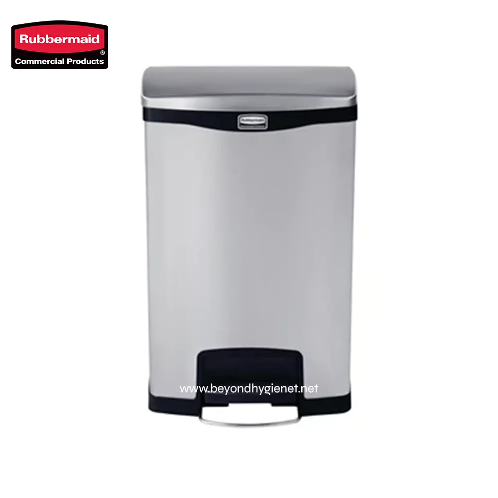 1 Rubbermaid commercial plastic trash can with foot pedal, sleek design for hygienic waste disposal.