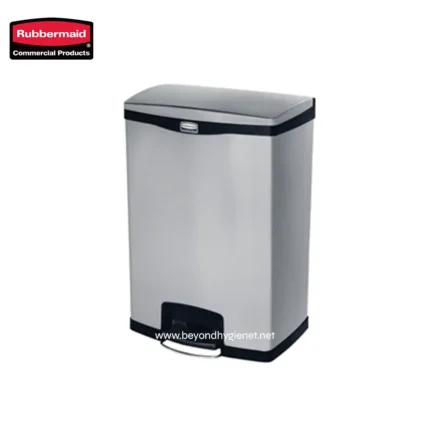 Rubbermaid automatic trash bin, stainless steel design ideal for commercial hygiene and waste management in Asian businesses.