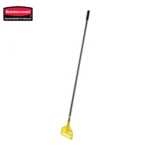 Rubbermaid commercial cleaning push broom with yellow handle and scraping edge, durable and suitable for industrial cleaning tasks.