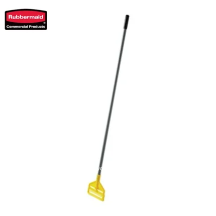 Rubbermaid commercial cleaning push broom with yellow handle and scraping edge, durable and suitable for industrial cleaning tasks.