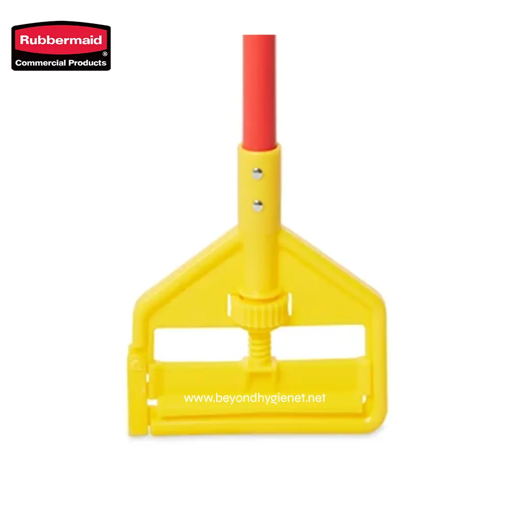 1 Plastic corner scrubber cleaning tool for surface scrubbing and maintenance. Bright yellow and red design with adjustable screw for effective cleaning in commercial hygiene settings.