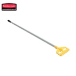 Rubbermaid cleaning tool, long handle ice scraper with yellow grip, versatile commercial cleaning equipment, durable cleaning product designed for industrial and hospitality use.