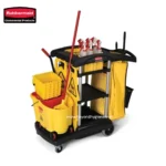Rubbermaid commercial cleaning cart with mop bucket, cleaning supplies, and wheels for janitorial and sanitation operations.