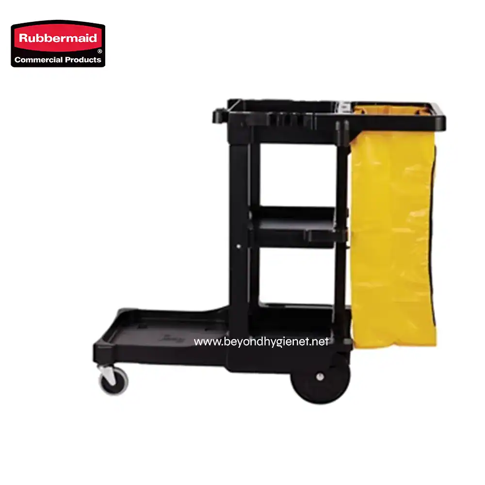 1 Rubbermaid cleaning cart with yellow mop bag, black durable frame, and wheels for janitorial, cleaning, and sanitation services.