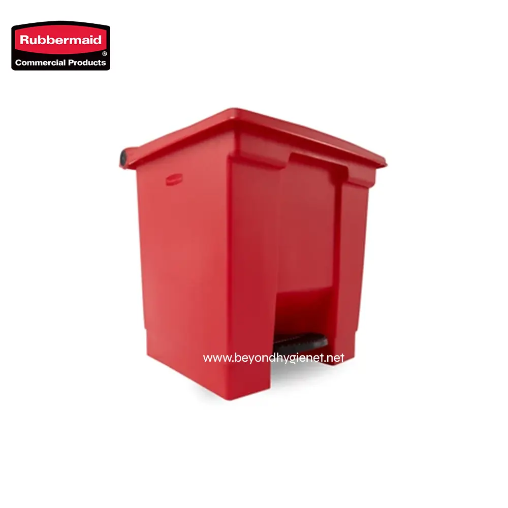 1 Red rubber waste bin with foot pedal for hygienic trash disposal, ideal for commercial and public spaces in Asia. Durable, easy to clean, and designed for safety and hygiene.