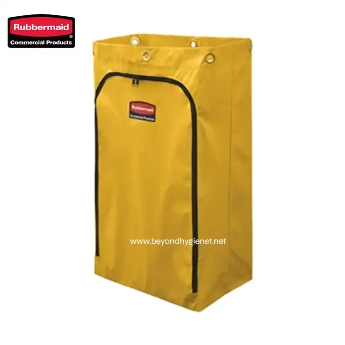 Rubbermaid cleaning or janitorial cart for commercial use, yellow color, durable and mobile for sanitation and hygiene in workplaces. Perfect for organizing cleaning supplies.