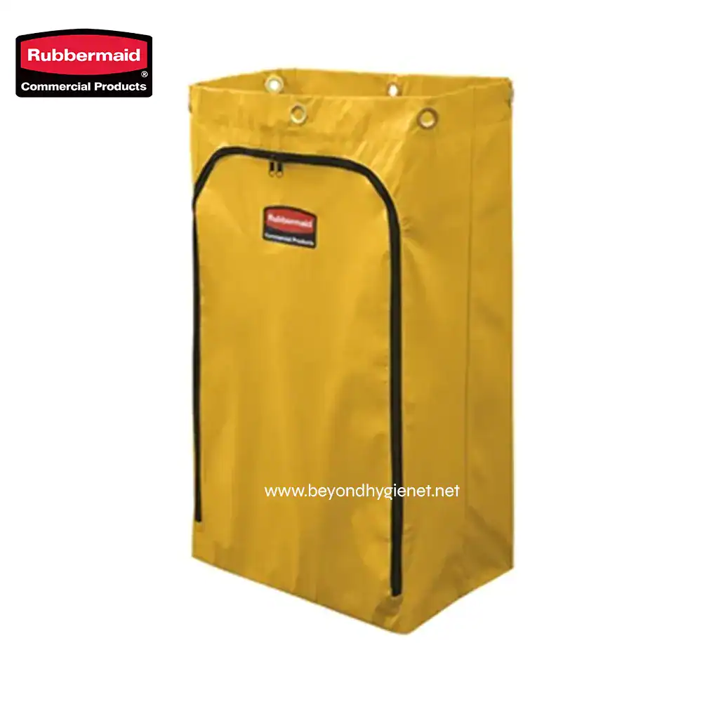 1 Rubbermaid cleaning or janitorial cart for commercial use, yellow color, durable and mobile for sanitation and hygiene in workplaces. Perfect for organizing cleaning supplies.