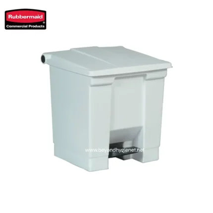 Rubbermaid commercial waste bin, front view, white plastic trash container with foot pedal for hands-free opening, suitable for hygiene and waste management in commercial spaces.