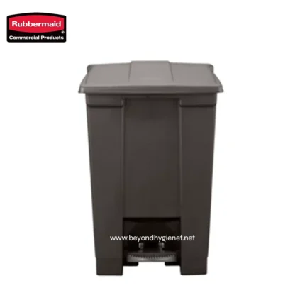Rubbermaid commercial waste bin with foot pedal in dark gray color, ideal for office or public space waste disposal, durable and hygienic.