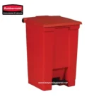 Red Rubbermaid commercial waste bin with foot pedal and lid, ideal for hygienic waste disposal in public and commercial spaces.