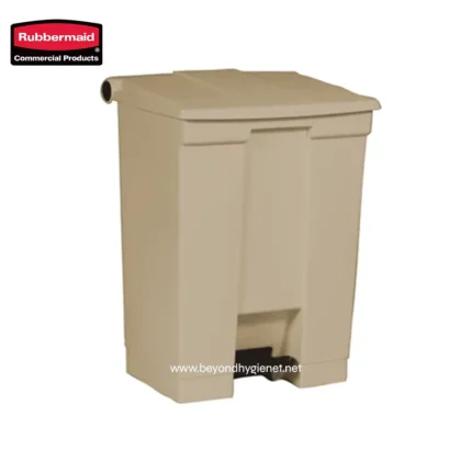 Rubbermaid commercial waste bin, beige plastic trash container with foot pedal, hygienic and durable for commercial and healthcare sanitation needs.