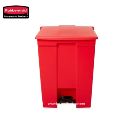 Rubbermaid red plastic waste bin with foot pedal for hands-free trash disposal, ideal for commercial hygiene and cleaning needs.