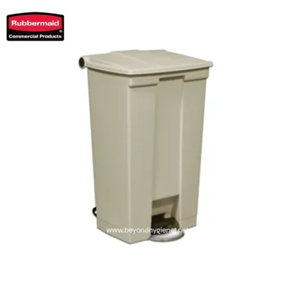 Rubbermaid commercial waste bin with foot pedal for hands-free trash disposal, ideal for hygiene and sanitation needs in public and commercial spaces.