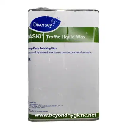 Diversey TASKI Traffic Liquid Wax for industrial cleaning, heavy-duty solvent-based floor wax suitable for wood, cork, and concrete surfaces, ensuring durability and shine.