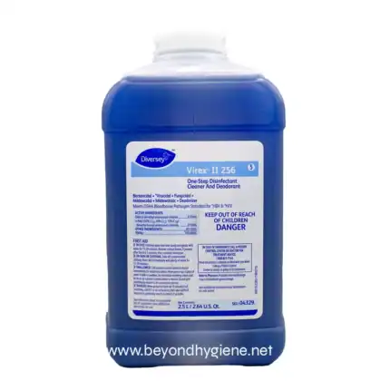 Virex II 256 disinfectant cleaner on blue bottle, used for sanitizing surfaces in healthcare and hospitality environments, emphasizing hygiene and infection control.