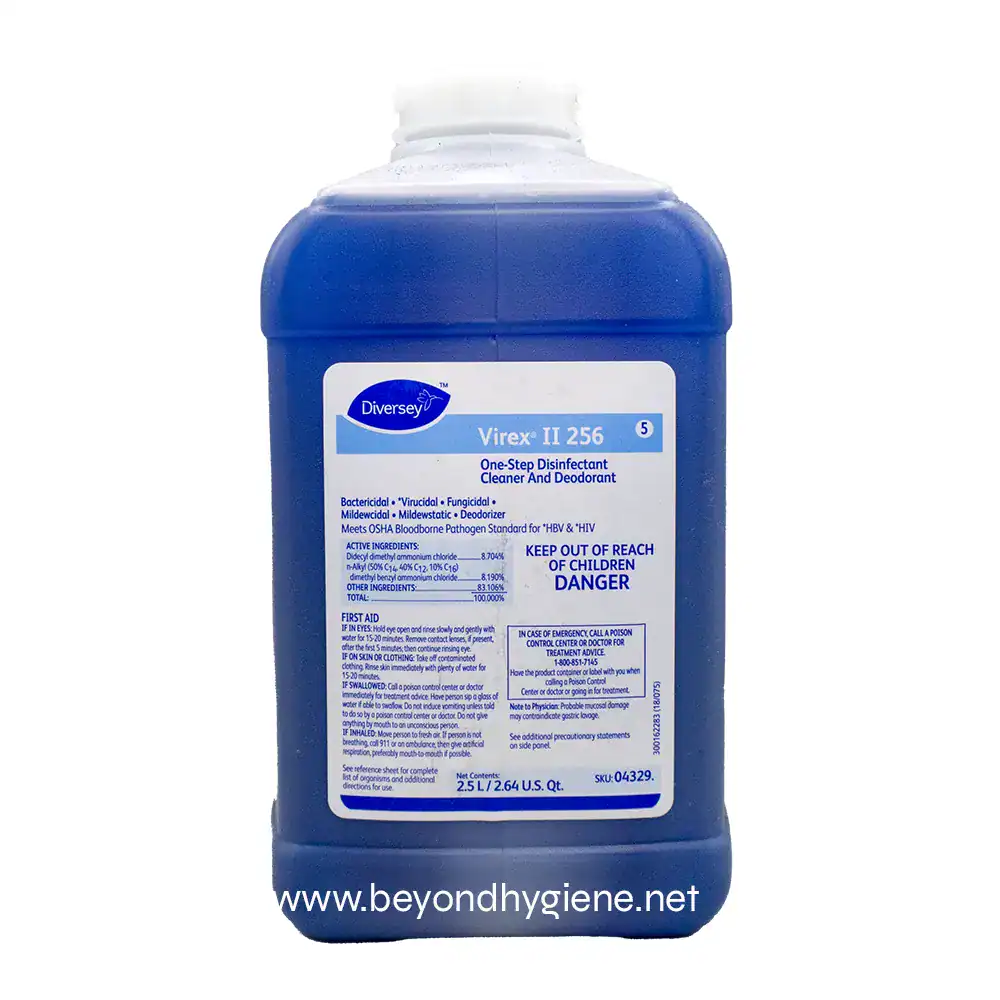 1 Virex II 256 disinfectant cleaner on blue bottle, used for sanitizing surfaces in healthcare and hospitality environments, emphasizing hygiene and infection control.