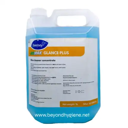 EcoMax Glance Plus glass cleaner concentrate for commercial and home use, effective in cleaning glass surfaces, display cases, and mirrors with streak-free results.