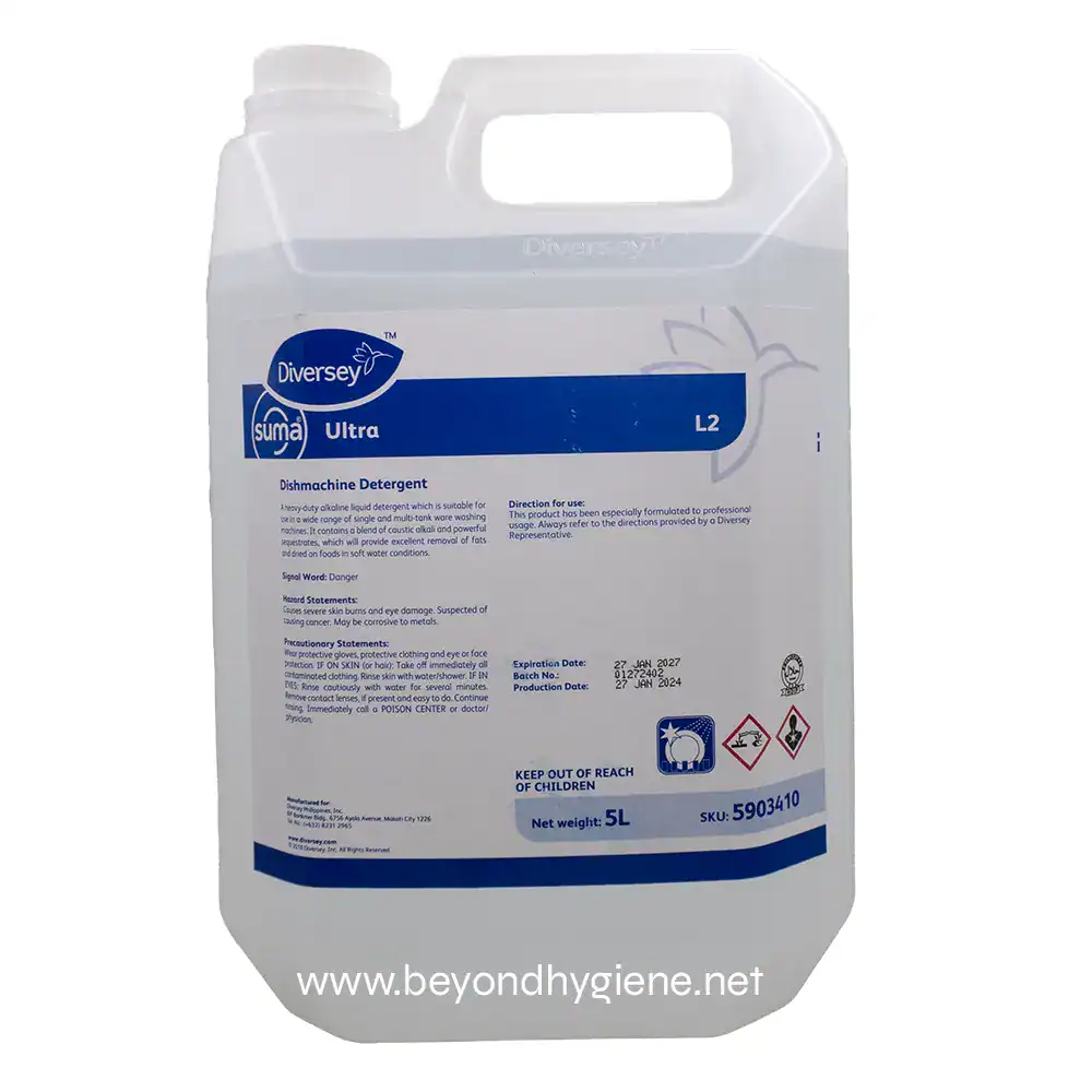 1 Diversey Ultra Dishwashing Detergent 5L - Heavy-duty dishwashing liquid for commercial use, formulated for professional kitchens with powerful cleaning agents.