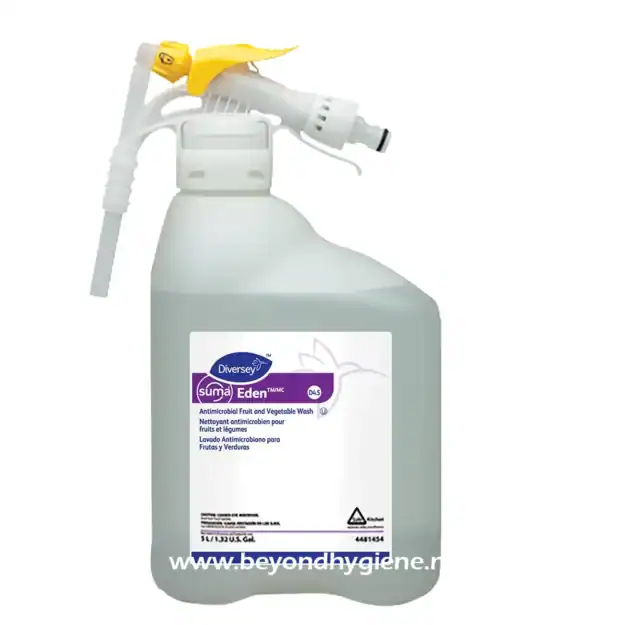 Disinfectant spray bottle with labeled antimicrobial fruit and vegetable wash for food hygiene and sanitation.
