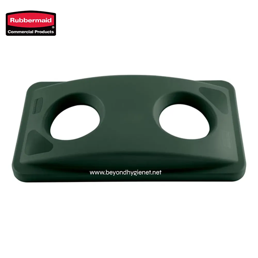 1 Rubbermaid dual toilet paper dispenser with two rolls, durable plastic design, ideal for commercial and hospitality bathrooms.