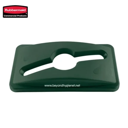 Rubbermaid commercial cleaning accessory, green plastic cleaning tool with central circular opening and side slots for efficient sanitation, ideal for hygiene and sanitation purposes.