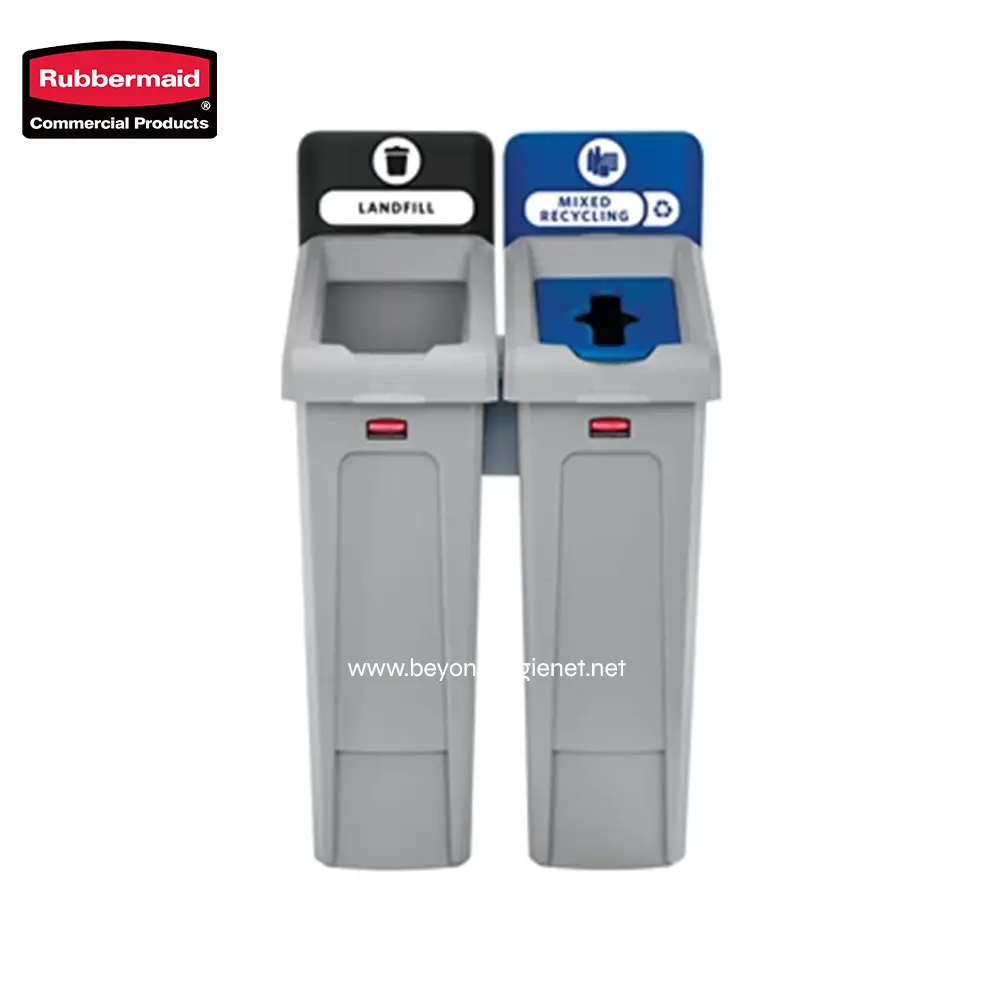1 Landfill and mixed recycling waste bins for efficient waste management and environmentally friendly disposal solutions in Asia, branded Rubbermaid commercial products.