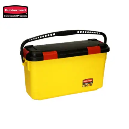 Rubbermaid yellow cleaning storage box with black lid and red latches, ideal for organizing cleaning supplies and hygiene products. Durable design for commercial use.