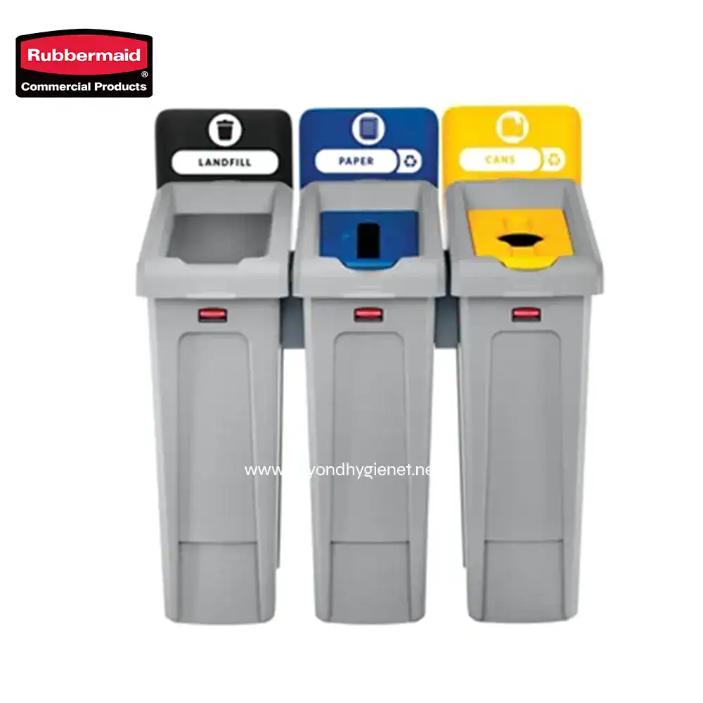 1 Rubbermaid waste separation bins for landfill, paper, and cans, ideal for waste management solutions.