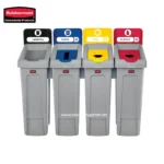 Landfill, paper, cannabis, plastic waste segregation bins for recycling and waste management in Asia.