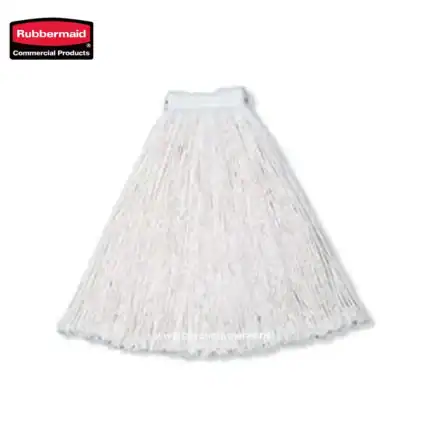 Rubbermaid white cleaning mop cover for commercial cleaning and hygiene maintenance.