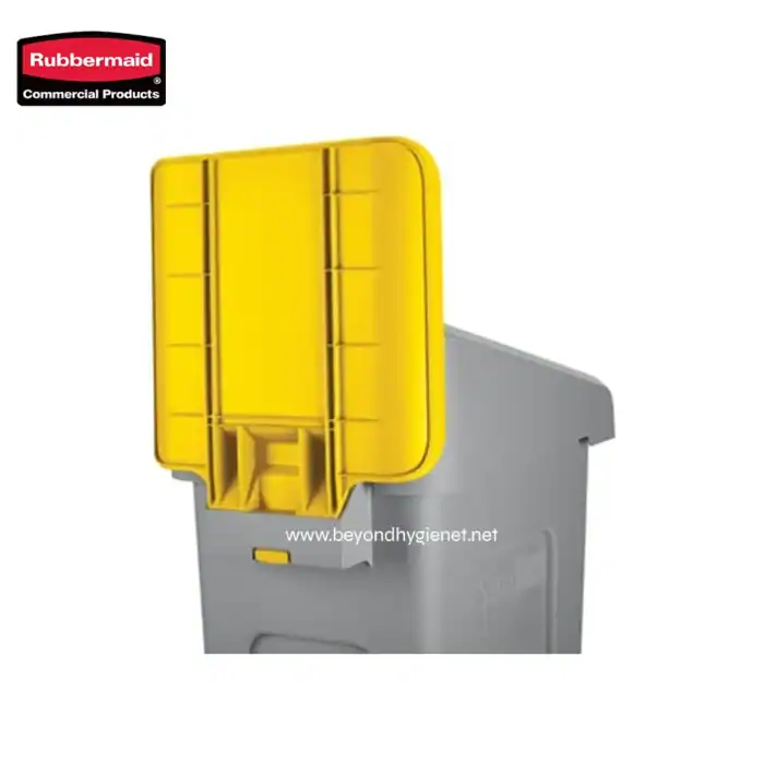 Rubbermaid commercial hand sanitizer dispenser, grey with yellow safety lid, designed for hygiene and sanitation in Asian workplaces, schools, and public spaces. Compact and durable for high-traffic areas.