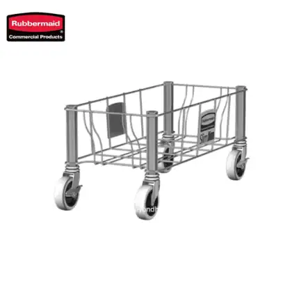 Rubbermaid stainless steel utility cart with four wheels, ideal for commercial cleaning and janitorial services in Asian markets. Durable and versatile for various sanitation needs.
