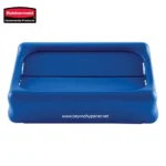 Rubbermaid blue commercial trash receptacle for hygiene and waste management, ideal for public or sanitary facilities.