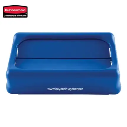 Rubbermaid blue commercial trash receptacle for hygiene and waste management, ideal for public or sanitary facilities.