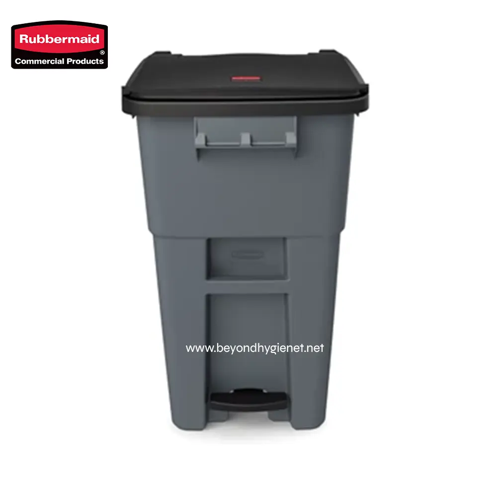 1 Rubbermaid commercial trash bin for waste disposal in cleaning and hygiene facilities.