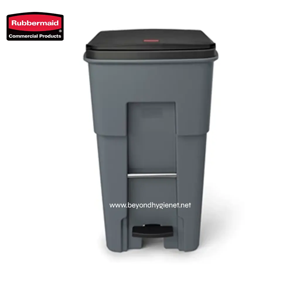 1 Rubbermaid commercial trash receptacle with foot pedal, durable grey plastic waste bin suitable for sanitary and hygienic waste disposal in commercial and industrial settings.