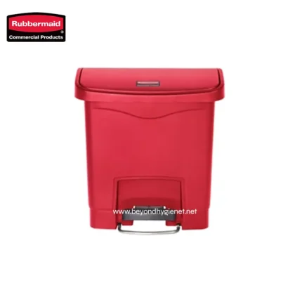 Rubbermaid commercial mini trash bin in red, ideal for office, kitchen, or restrooms, durable and space-saving waste disposal solution for hygienic environments.