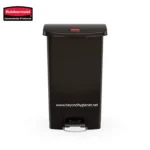 Rubbermaid black pedal trash bin, ideal for commercial hygiene and waste disposal solutions.
