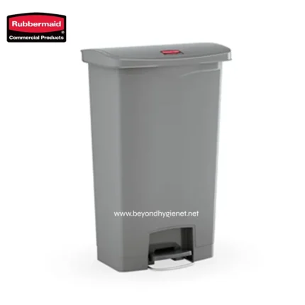 Rubbermaid commercial trash can with foot pedal for hands-free waste disposal, ideal for commercial and public spaces focusing on hygiene and waste management.