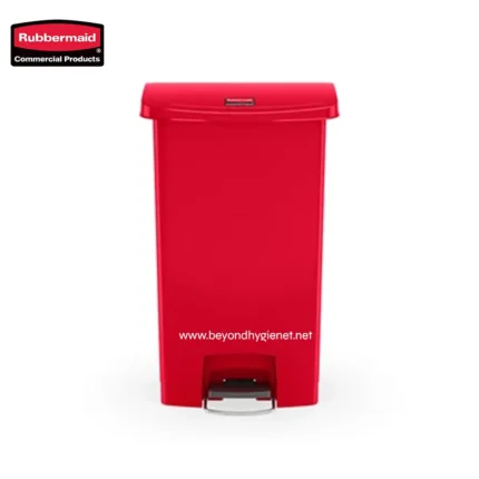 Rubbermaid red plastic waste bin with foot pedal, ideal for commercial sanitation and waste management. Durable, hygienic trash container suitable for public spaces, offices, and industrial settings.