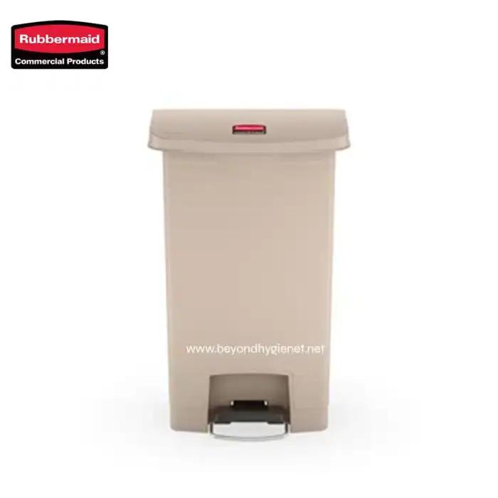 Reusable beige pedal trash bin with foot pedal, ideal for commercial hygiene and sanitation in Asian workplaces. Durable plastic waste disposal solution.