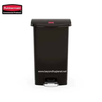 Rubbermaid black commercial trash bin for waste disposal, durable and hygienic, suitable for office, restaurant, and industrial settings, part of Beyond Hygiene's sanitation solutions.