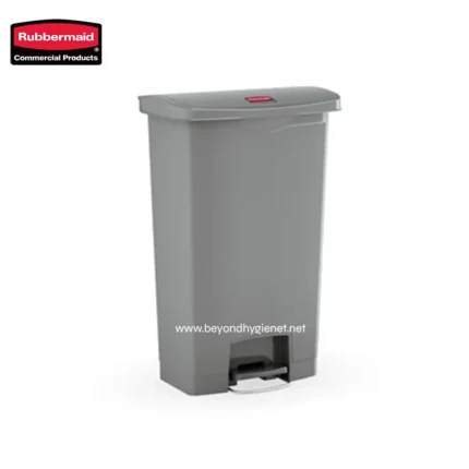 Rubbermaid touchless commercial trash bin, gray plastic waste receptacle with pedal and lid, ideal for office and public spaces for sanitation and hygiene.
