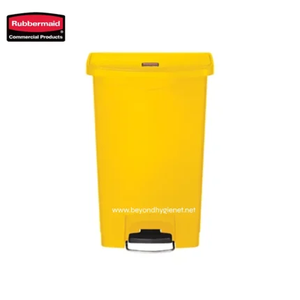 Yellow plastic trash bin with pedal for hands-free waste disposal, ideal for commercial and hygiene settings.
