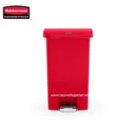 Rubbermaid red trash bin, commercial waste container with foot pedal for hygienic trash disposal, perfect for office or industrial settings.