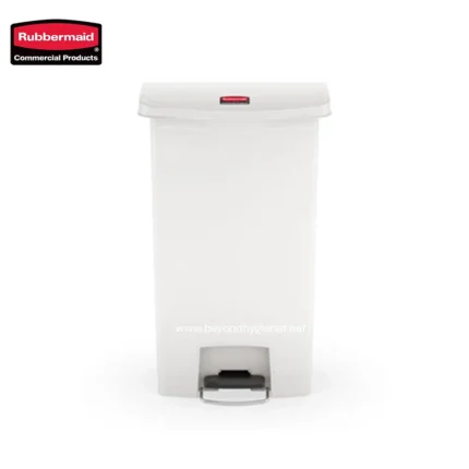 Rubbermaid commercial waste bin with foot pedal for hands-free trash disposal, durable plastic receptacle suitable for offices and public spaces.
