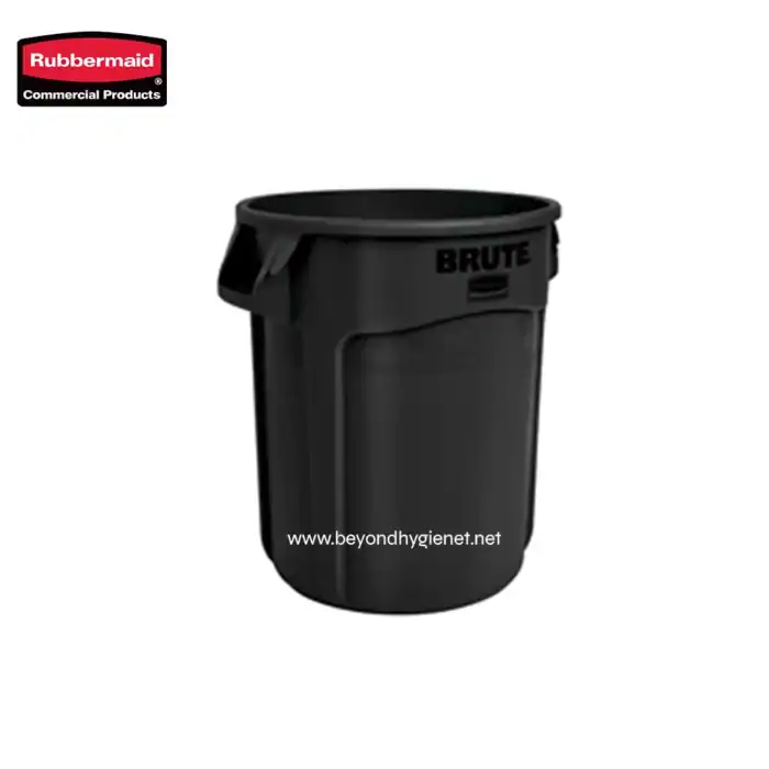 Rubbermaid commercial trash bin, durable black waste receptacle for commercial sanitation needs. Suitable for offices, restaurants, and public spaces to promote hygiene and waste management.