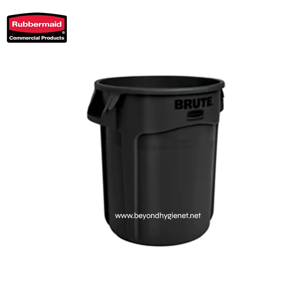 1 Rubbermaid commercial trash bin, durable black waste receptacle for commercial sanitation needs. Suitable for offices, restaurants, and public spaces to promote hygiene and waste management.